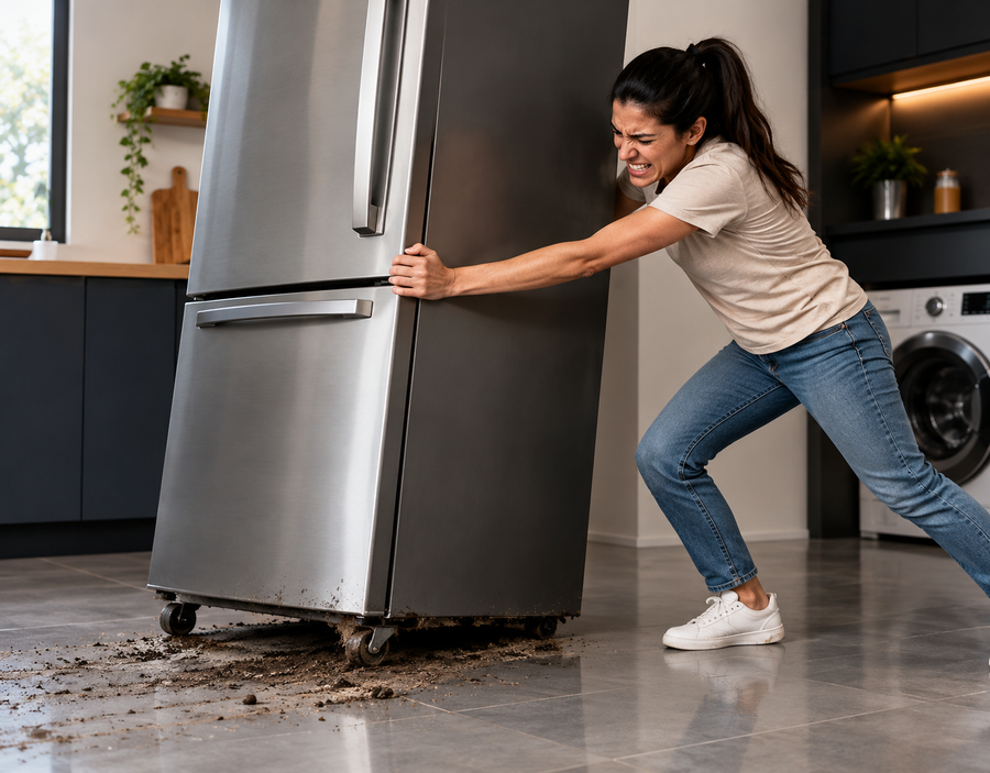 Espacio difícil de limpiar debajo de una lavadora